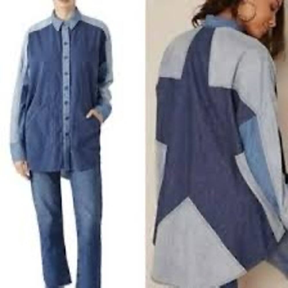 Free People | Bohemian Western Denim Colorblock Patchwork Style Star Button Up - Picture 3 of 13